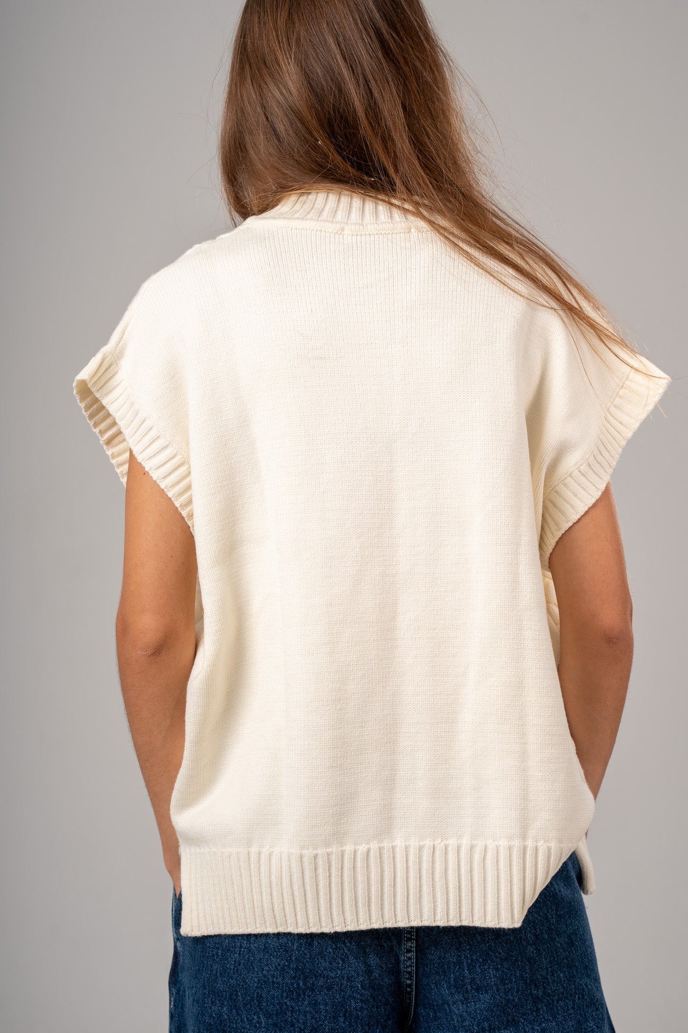 Off White V-Neck Cable vest